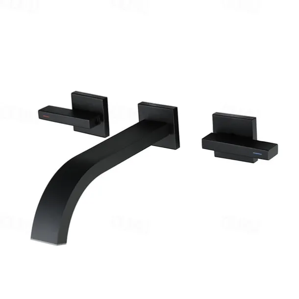 Bathroom Sink Faucet ,Wall Mount Brass Waterfall Widespread Black Two Handles Two Holes Bath Taps