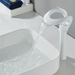 Bathroom Sink Faucet Waterfall Spout, Brass Mixer Basin Taps, Single Handle One Hole Bath Taps Painted Finishes Tall Body Modern Style