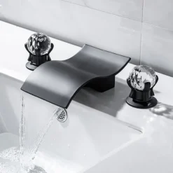 Bathroom Sink Faucet with Two Crystal Knob Handles Waterfall Matte Black/Chrome Deck Mounted Widespread 3 Holes Bathroom Faucets for Bathtub or Sink