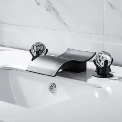 Bathroom Sink Faucet with Two Crystal Knob Handles Waterfall Matte Black/Chrome Deck Mounted Widespread 3 Holes Bathroom Faucets for Bathtub or Sink