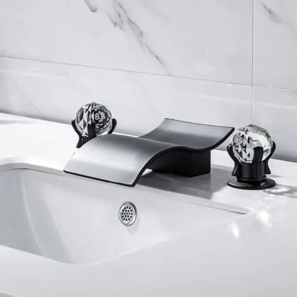 Bathroom Sink Faucet with Two Crystal Knob Handles Waterfall Matte Black/Chrome Deck Mounted Widespread 3 Holes Bathroom Faucets for Bathtub or Sink