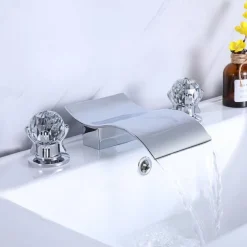 Bathroom Sink Faucet with Two Crystal Knob Handles Waterfall Matte Black/Chrome Deck Mounted Widespread 3 Holes Bathroom Faucets for Bathtub or Sink