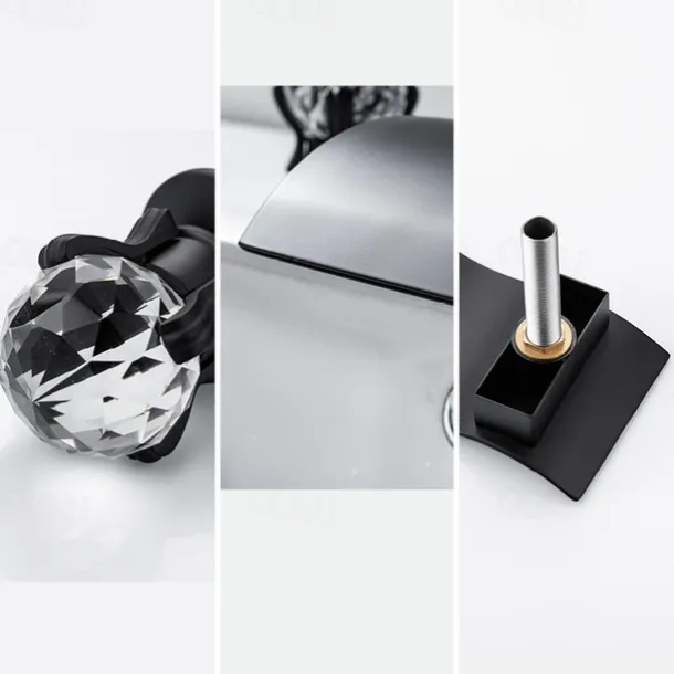 Bathroom Sink Faucet with Two Crystal Knob Handles Waterfall Matte Black/Chrome Deck Mounted Widespread 3 Holes Bathroom Faucets for Bathtub or Sink