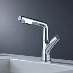 Bathroom Sink Faucet with Pull Out Spray,Brass Liftable 3-modes Electroplated / Painted Finishes Centerset Single Handle One Hole Lavatory Rotating Spout for Cold and Hot Water Bath Taps