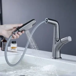 Bathroom Sink Faucet with Pull Out Spray,Brass Liftable 3-modes Electroplated / Painted Finishes Centerset Single Handle One Hole Lavatory Rotating Spout for Cold and Hot Water Bath Taps