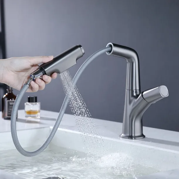 Bathroom Sink Faucet with Pull Out Spray,Brass Liftable 3-modes Electroplated / Painted Finishes Centerset Single Handle One Hole Lavatory Rotating Spout for Cold and Hot Water Bath Taps