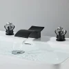 Bathroom Sink Faucet with Two Crystal Knob Handles Waterfall Matte Black/Chrome Deck Mounted Widespread 3 Holes Bathroom Faucets for Bathtub or Sink