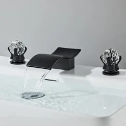 Bathroom Sink Faucet with Two Crystal Knob Handles Waterfall Matte Black/Chrome Deck Mounted Widespread 3 Holes Bathroom Faucets for Bathtub or Sink