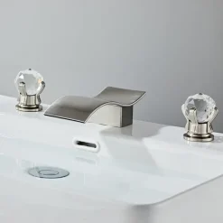 Bathroom Sink Faucet with Two Crystal Knob Handles Waterfall Matte Black/Chrome Deck Mounted Widespread 3 Holes Bathroom Faucets for Bathtub or Sink