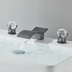 Bathroom Sink Faucet with Two Crystal Knob Handles Waterfall Matte Black/Chrome Deck Mounted Widespread 3 Holes Bathroom Faucets for Bathtub or Sink