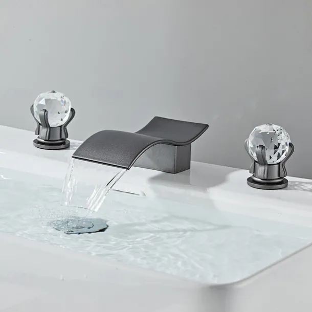 Bathroom Sink Faucet with Two Crystal Knob Handles Waterfall Matte Black/Chrome Deck Mounted Widespread 3 Holes Bathroom Faucets for Bathtub or Sink
