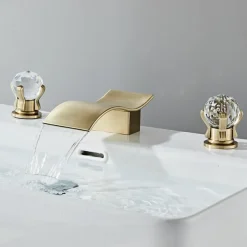 Bathroom Sink Faucet with Two Crystal Knob Handles Waterfall Matte Black/Chrome Deck Mounted Widespread 3 Holes Bathroom Faucets for Bathtub or Sink