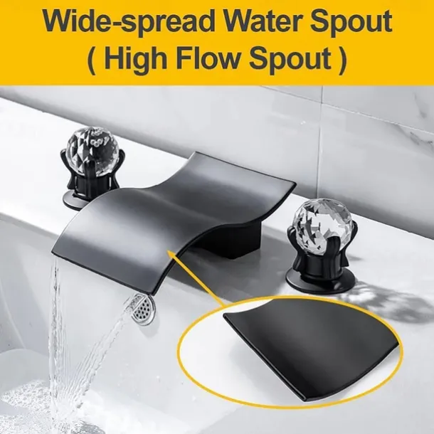 Bathroom Sink Faucet with Two Crystal Knob Handles Waterfall Matte Black/Chrome Deck Mounted Widespread 3 Holes Bathroom Faucets for Bathtub or Sink