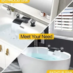 Bathroom Sink Faucet with Two Crystal Knob Handles Waterfall Matte Black/Chrome Deck Mounted Widespread 3 Holes Bathroom Faucets for Bathtub or Sink