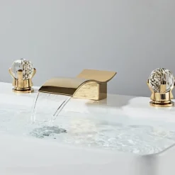 Bathroom Sink Faucet with Two Crystal Knob Handles Waterfall Matte Black/Chrome Deck Mounted Widespread 3 Holes Bathroom Faucets for Bathtub or Sink