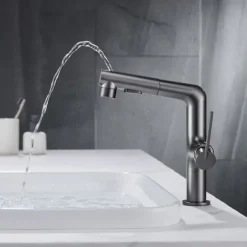 Bathroom Sink Faucet with Pull Out Spray,Brass 3-modes Electroplated / Painted Finishes Centerset Single Handle One Hole Lavatory Rotating Spout for Cold and Hot Water Bath Taps