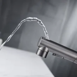 Bathroom Sink Faucet with Pull Out Spray,Brass 3-modes Electroplated / Painted Finishes Centerset Single Handle One Hole Lavatory Rotating Spout for Cold and Hot Water Bath Taps