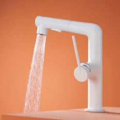 Bathroom Sink Faucet with Pull Out Spray,Brass 3-modes Electroplated / Painted Finishes Centerset Single Handle One Hole Lavatory Rotating Spout for Cold and Hot Water Bath Taps