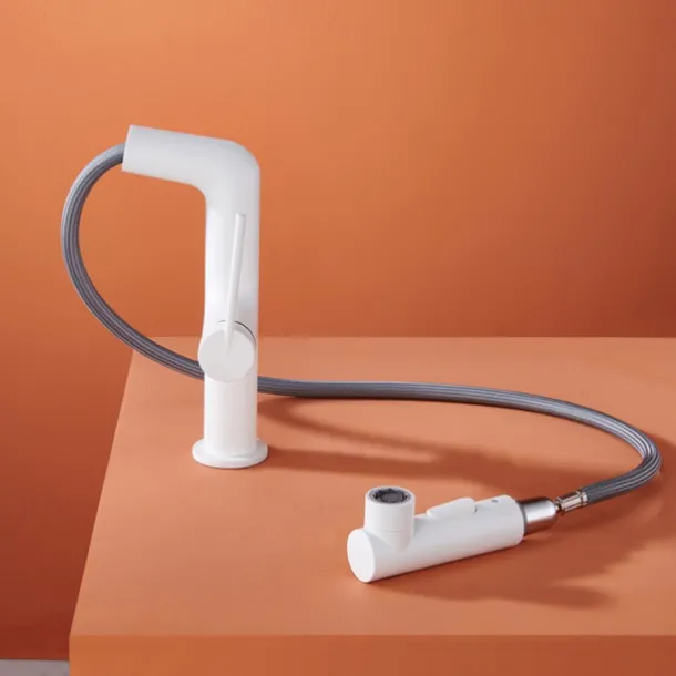 Bathroom Sink Faucet with Pull Out Spray,Brass 3-modes Electroplated / Painted Finishes Centerset Single Handle One Hole Lavatory Rotating Spout for Cold and Hot Water Bath Taps