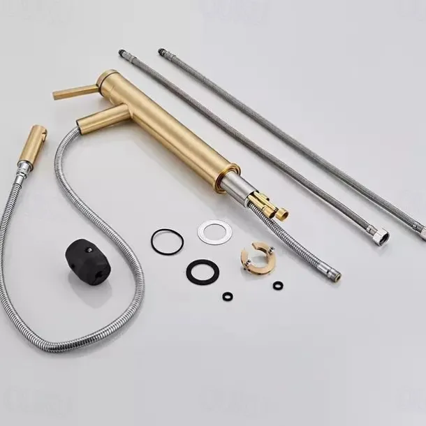 Bathroom Sink Faucet with Pull-out Spray,Brushed Gold Single Handle One Hole Brass Faucet Spout With Hot and Cold Water