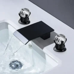 Bathroom Sink Faucet with Two Crystal Knob Handles Waterfall Matte Black/Chrome Deck Mounted Widespread 3 Holes Bathroom Faucets for Bathtub or Sink
