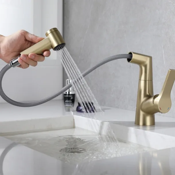 Bathroom Sink Faucet with Pull Out Spray,Brass Liftable 3-modes Electroplated / Painted Finishes Centerset Single Handle One Hole Lavatory Rotating Spout for Cold and Hot Water Bath Taps