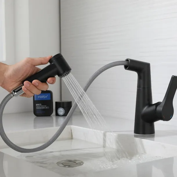 Bathroom Sink Faucet with Pull Out Spray,Brass Liftable 3-modes Electroplated / Painted Finishes Centerset Single Handle One Hole Lavatory Rotating Spout for Cold and Hot Water Bath Taps