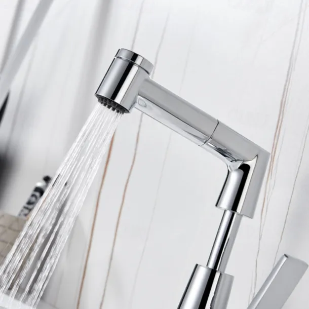 Bathroom Sink Faucet with Pull Out Spray,Brass Liftable 3-modes Electroplated / Painted Finishes Centerset Single Handle One Hole Lavatory Rotating Spout for Cold and Hot Water Bath Taps