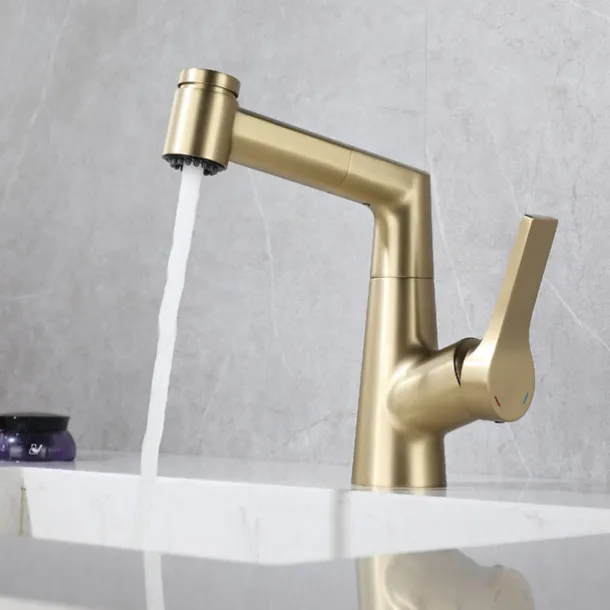 Bathroom Sink Faucet with Pull Out Spray,Brass Liftable 3-modes Electroplated / Painted Finishes Centerset Single Handle One Hole Lavatory Rotating Spout for Cold and Hot Water Bath Taps