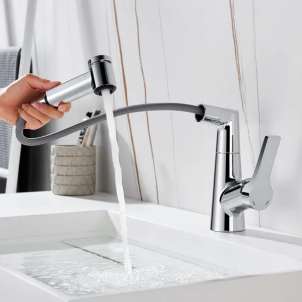 Bathroom Sink Faucet with Pull Out Spray,Brass Liftable 3-modes Electroplated / Painted Finishes Centerset Single Handle One Hole Lavatory Rotating Spout for Cold and Hot Water Bath Taps