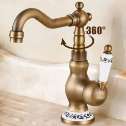 Bathroom Sink Faucet,Antique Brass Retro Style Single Handle One Hole Standard Spout Rotatable Faucet Set with Ceramic Handle and Hot/Cold Water