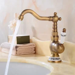 Bathroom Sink Faucet,Antique Brass Retro Style Single Handle One Hole Standard Spout Rotatable Faucet Set with Ceramic Handle and Hot/Cold Water