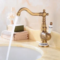 Bathroom Sink Faucet,Antique Brass Retro Style Single Handle One Hole Standard Spout Rotatable Faucet Set with Ceramic Handle and Hot/Cold Water