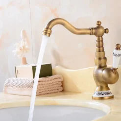 Bathroom Sink Faucet,Antique Brass Retro Style Single Handle One Hole Standard Spout Rotatable Faucet Set with Ceramic Handle and Hot/Cold Water