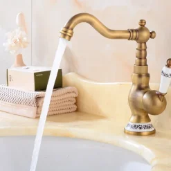 Bathroom Sink Faucet,Antique Brass Retro Style Single Handle One Hole Standard Spout Rotatable Faucet Set with Ceramic Handle and Hot/Cold Water
