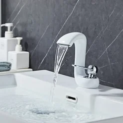 Bathroom Sink Faucet,Antique Brass Waterfall Single Handle One Hole Bath Taps with Hot and Cold Switch