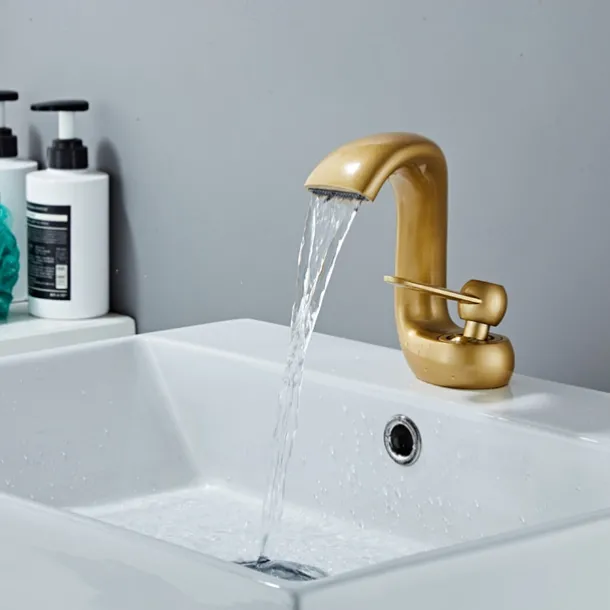 Bathroom Sink Faucet,Antique Brass Waterfall Single Handle One Hole Bath Taps with Hot and Cold Switch