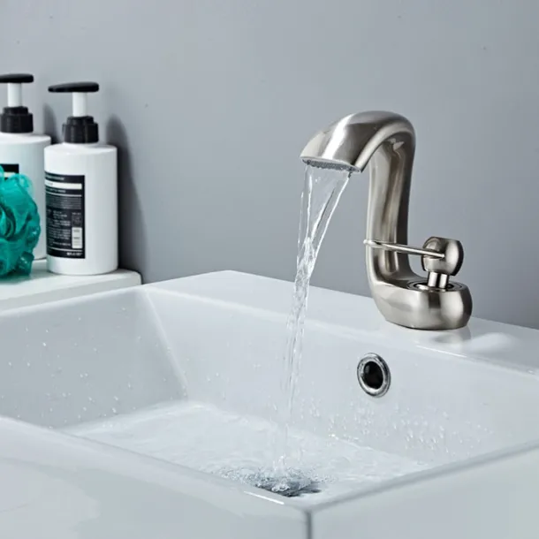 Bathroom Sink Faucet,Antique Brass Waterfall Single Handle One Hole Bath Taps with Hot and Cold Switch