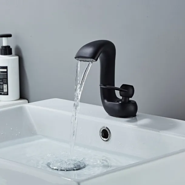 Bathroom Sink Faucet,Antique Brass Waterfall Single Handle One Hole Bath Taps with Hot and Cold Switch