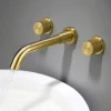 Bathroom Sink Faucet,Brass Wall Mounted Double Handles Nickel Brushed Luxury Design Brushed Gold Finish Widespread Washroom Faucet with Hot and Cold Switch