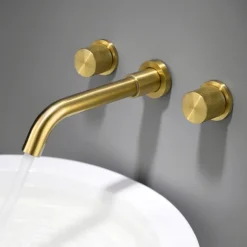 Bathroom Sink Faucet,Brass Wall Mounted Double Handles Nickel Brushed Luxury Design Brushed Gold Finish Widespread Washroom Faucet with Hot and Cold Switch