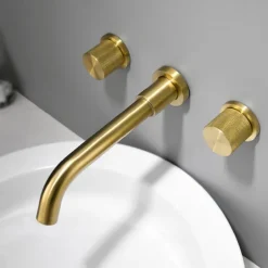 Bathroom Sink Faucet,Brass Wall Mounted Double Handles Nickel Brushed Luxury Design Brushed Gold Finish Widespread Washroom Faucet with Hot and Cold Switch