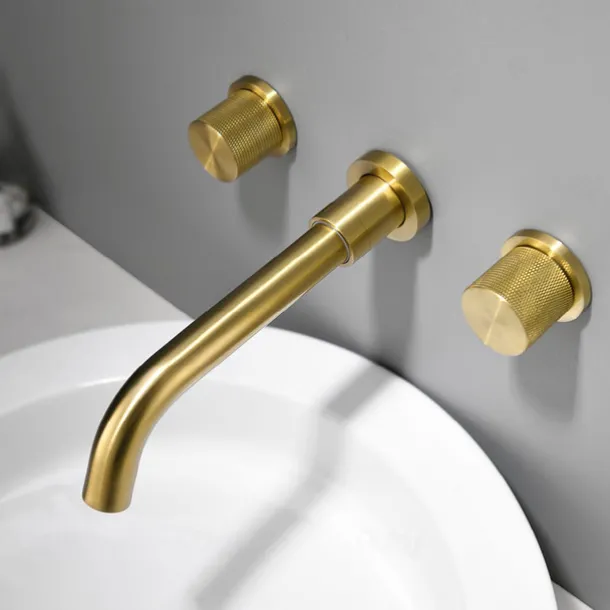 Bathroom Sink Faucet,Brass Wall Mounted Double Handles Nickel Brushed Luxury Design Brushed Gold Finish Widespread Washroom Faucet with Hot and Cold Switch