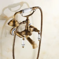 Bathroom Sink Faucet,Brass Telephone Shape Wall Installation Widespread Pull-out Country Style Electroplated Copper Finish Two Handles Bathtub Faucet with Handshower and Drain