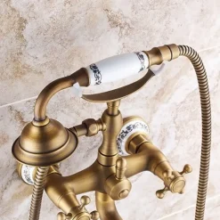 Bathroom Sink Faucet,Brass Telephone Shape Wall Installation Widespread Pull-out Country Style Electroplated Copper Finish Two Handles Bathtub Faucet with Handshower and Drain