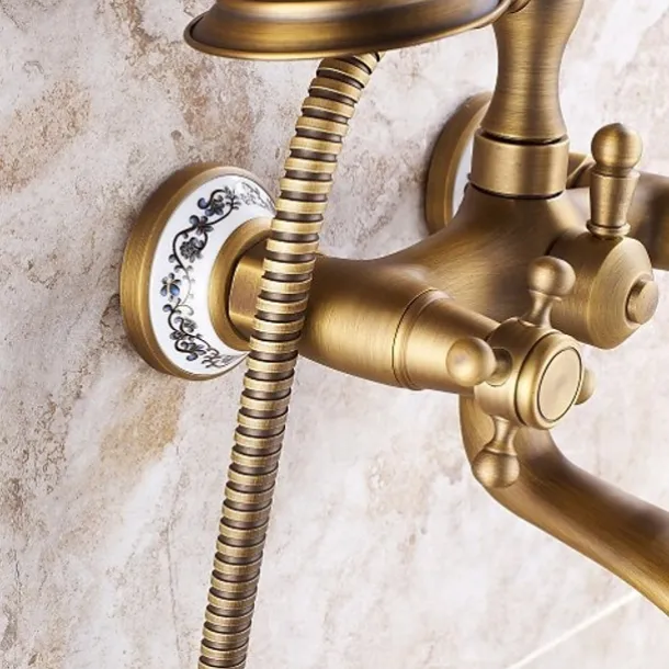 Bathroom Sink Faucet,Brass Telephone Shape Wall Installation Widespread Pull-out Country Style Electroplated Copper Finish Two Handles Bathtub Faucet with Handshower and Drain