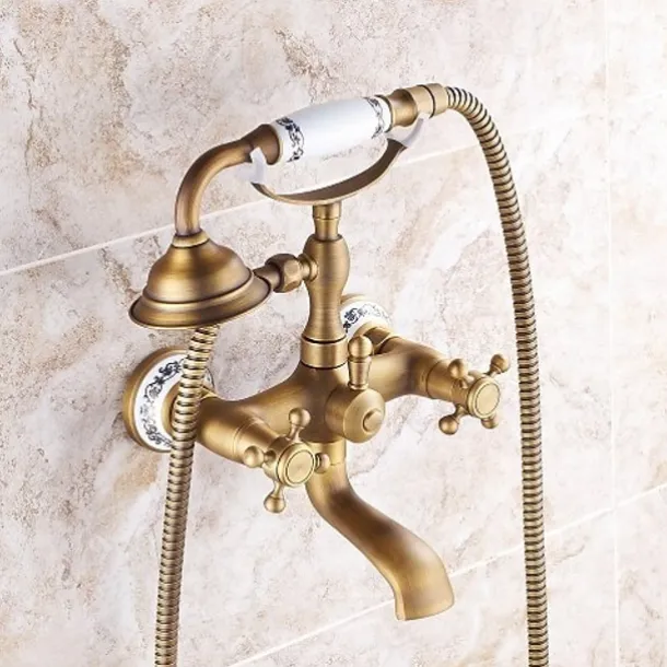 Bathroom Sink Faucet,Brass Telephone Shape Wall Installation Widespread Pull-out Country Style Electroplated Copper Finish Two Handles Bathtub Faucet with Handshower and Drain