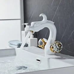 Bathroom Sink Faucet,Crystal Handle Dragon Shape Antique Brass Two Handle One Hole Bath Tap with Hold and Hot Switch