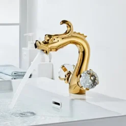 Bathroom Sink Faucet,Crystal Handle Dragon Shape Antique Brass Two Handle One Hole Bath Tap with Hold and Hot Switch