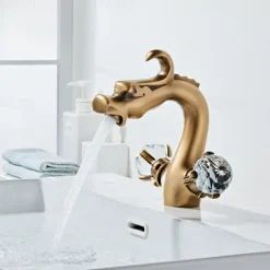 Bathroom Sink Faucet,Crystal Handle Dragon Shape Antique Brass Two Handle One Hole Bath Tap with Hold and Hot Switch